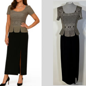 Vintage Joseph Ribkoff Dress Lace Upper Women's Size 6 Monochrome Black Back Zip